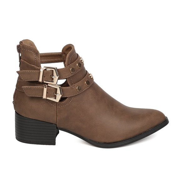 Pointy Toe Gold Round Studded Buckled Cutout Block Heel Ankle Booties - Picture 3 of 6